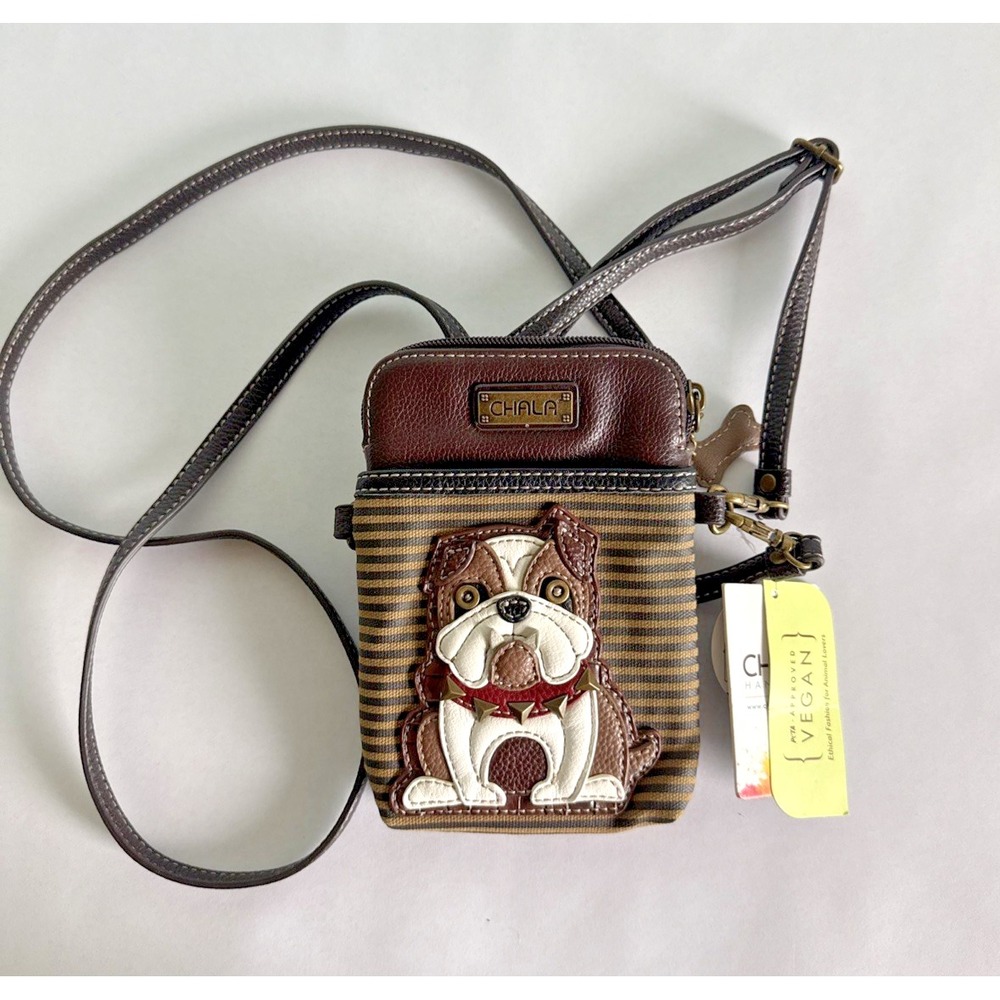 Chala Bulldog Cell Phone Crossbody Purse Wallet Brown Vegan Leather NWT